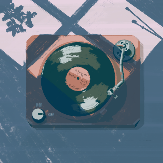 Screenshot of the pocket vinyl experimental UI. In the screenshot, there is a digital painting of an old-fashioned record player on a table. The record player has a wooden chassis and a vinyl record labelled ‘A Farewell to M.’ currently playing. Warm shafts of sunlight, in the shape of a nearby window, rest on the table and the record player.